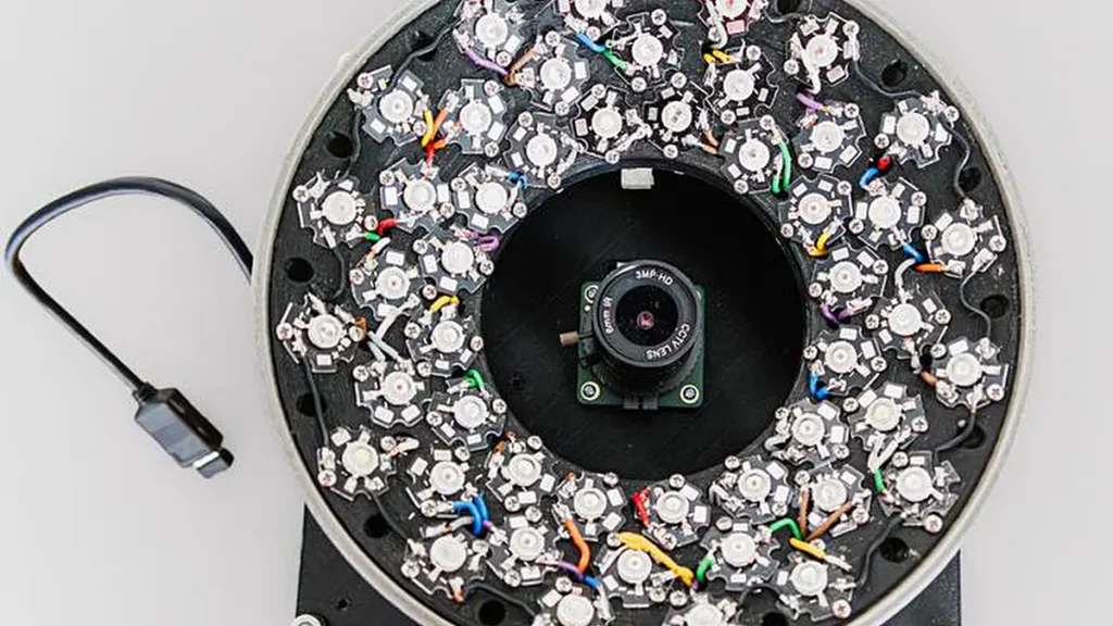 Photo en gros plan du prototype testé à Sorte Muld. L'objectif de la caméra se trouve au centre, entouré de LED émettant de la lumière à 16 longueurs d'onde différentes.