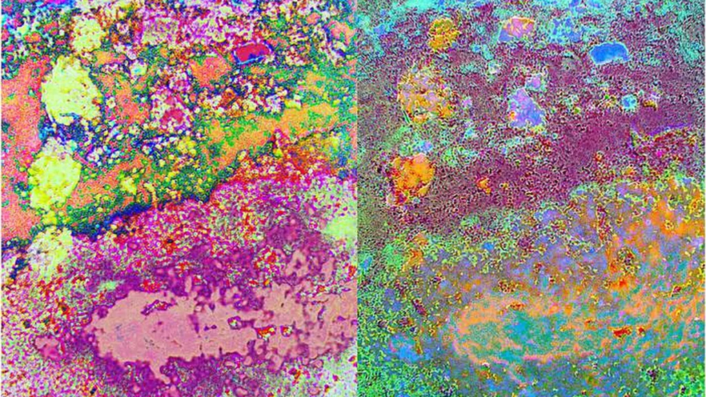 Cette image est ce qu'on appelle un composite en fausses couleurs. Le système balaye le sol à différentes longueurs d'onde, dont certaines sont invisibles à l'œil nu. Un algorithme mathématique, l'ICA, sépare ensuite le signal combiné et isole les différentes sources présentes dans le sol, en les affichant dans des couleurs que nous pouvons percevoir. La différence entre les images de gauche et de droite réside dans le fait que des valeurs différentes ont été attribuées aux canaux rouge, vert et bleu. Cela permet, par exemple, de constater que les cinq taches jaunes situées à gauche ne sont pas toutes constituées du même matériau : sur l'image de droite, la tache la plus haute apparaît en bleu.