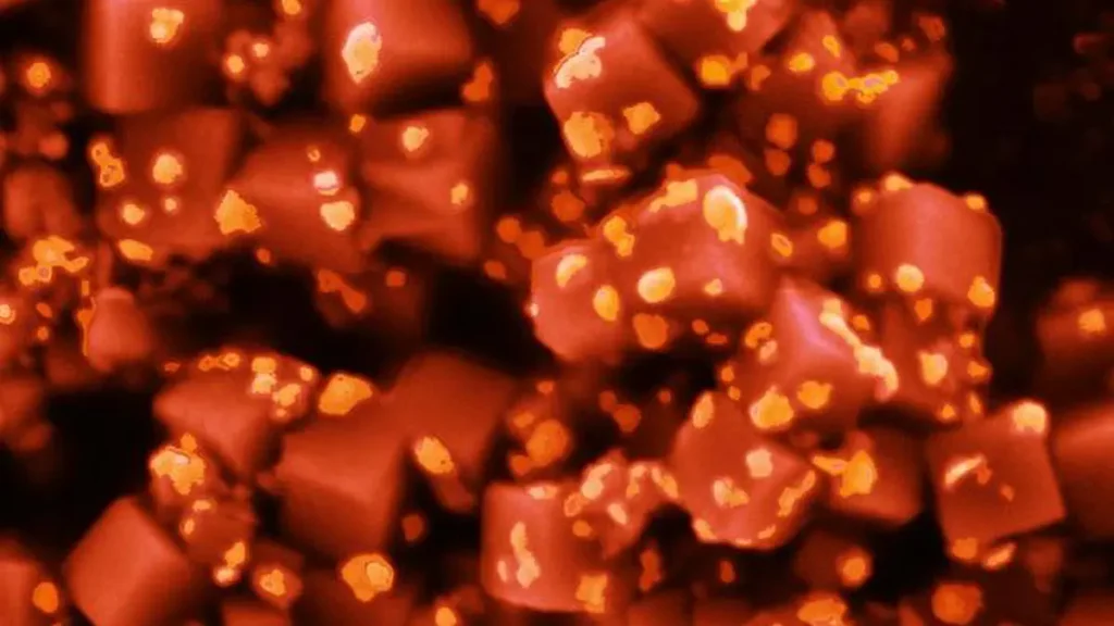 Gold nanoparticle-coated copper cubes. Artificially colored scanning electron microscope (SEM) image.