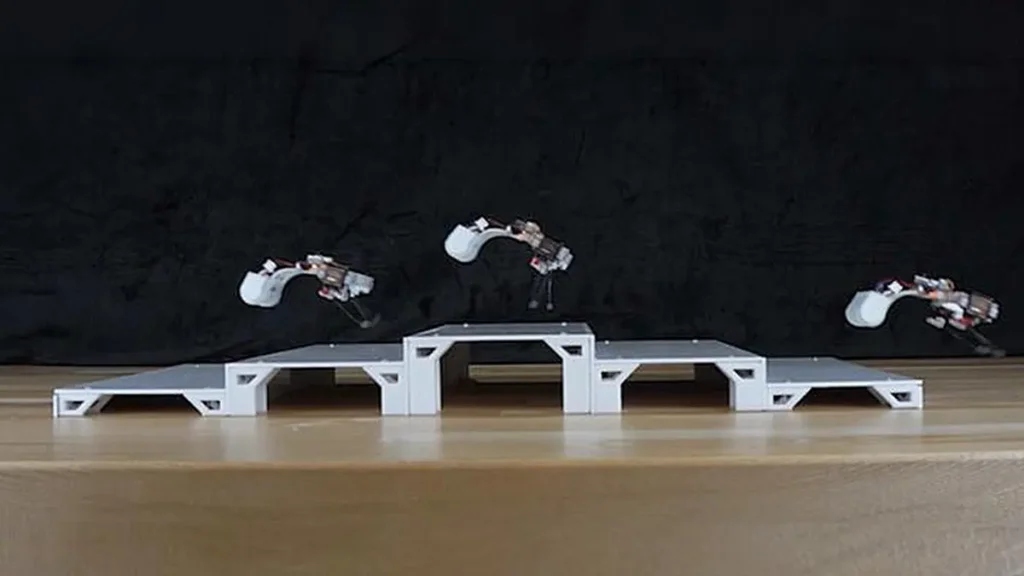 The robot shown leaping up a set of small steps, with the loops at the rear blurred by the snapping motion