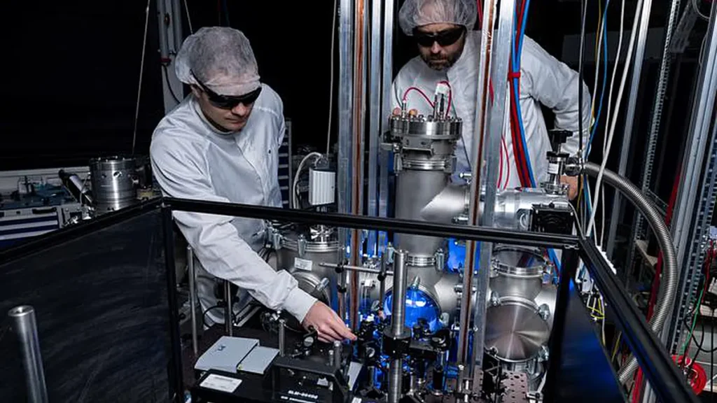 Les expériences ont eu lieu au laboratoire « Attosecond Lab » de l'université d'Oldenburg. On y voit les physiciens Darius Köhnke (à gauche) et Hans-Christian Ahlswede travaillant sur le dispositif expérimental qu'ils ont utilisé pour générer des champs lumineux tridimensionnels. 
