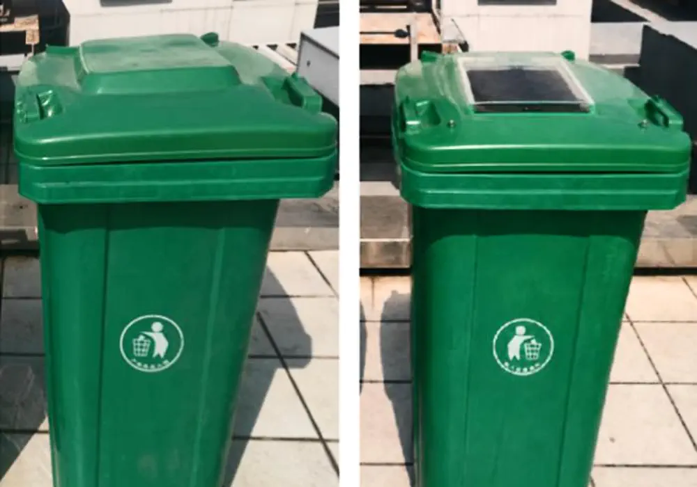 Un insert alimenté à l'énergie solaire, intégré au couvercle de la poubelle de droite, neutralise les odeurs des déchets alimentaires qui se dégagent d'une poubelle dotée d'un couvercle classique (image de gauche) 