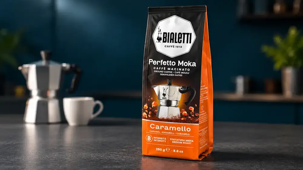 Café moulu Perfetto Moka Caramello commercialisé sous la marque Bialetti, identifié par le code-barres GTIN 8006363076203.