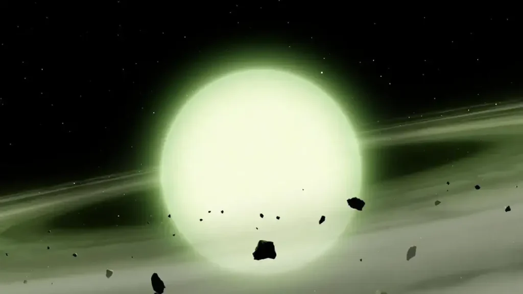 Naine blanche verte : enrichie par le haut : la naine blanche froide WDJ1330+6435 a accumulé dans son atmosphère des matériaux rocheux riches en sodium provenant de son système planétaire. L'immense densité atmosphérique fait que le sodium absorbe la lumière sur une large gamme de longueurs d'onde jaunes, orange et rouges, ce qui confère à la WDJ1330+6435 un aspect vert fantomatique. 