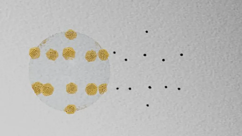 Douze nanoparticules d'or composées chacune d'environ 700 atomes, fixées sur une gouttelette d'hélium. En arrière-plan : l'empreinte d'une telle gouttelette sur une surface, observée au microscope électronique à transmission.