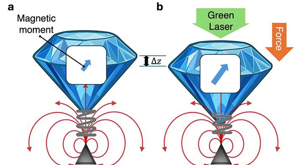 Représentation graphique des mouvements observés. a) Lorsque le laser est éteint, la plaquette de diamant présente un faible moment magnétique (flèche bleue) induit par l’état de spin latent au sein des centres de vacance azote-carbone du diamant. b) Lorsque le laser vert est allumé, l’état de spin est polarisé, ce qui provoque une faible fluctuation du moment magnétique, poussant le diamant vers le bas en direction du champ magnétique (flèches rouges). L'amplitude du mouvement est indiquée par le déplacement (Δz).