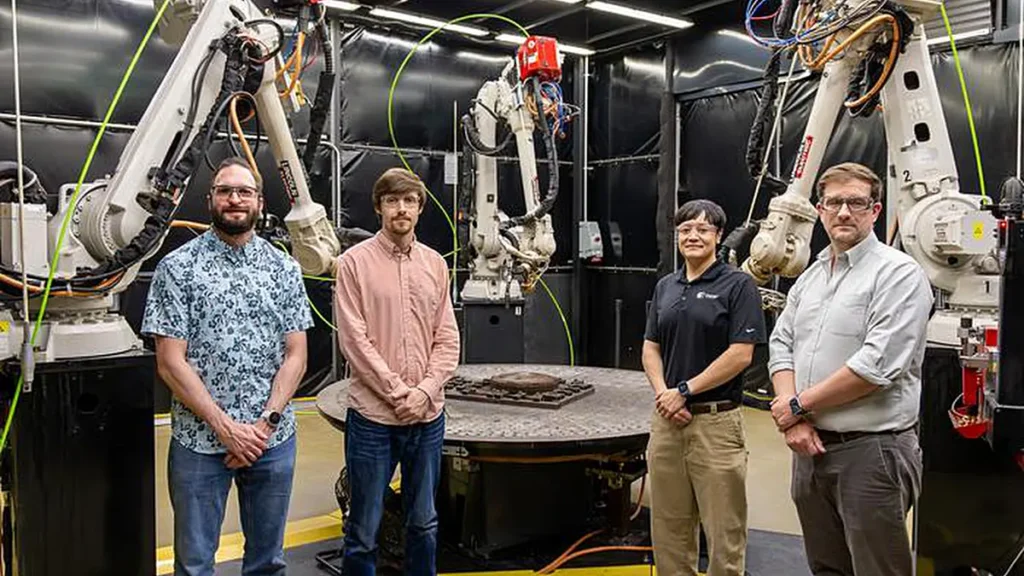 De gauche à droite, Bill Carter, Alex Arbogast, Chris Masuo et Josh Vaughan, de l’ORNL, travaillent avec MedUSA, un système de fabrication additive par arc électrique qui coordonne trois bras robotiques afin d’accélérer la production de composants métalliques de grande taille grâce à une automatisation intelligente.