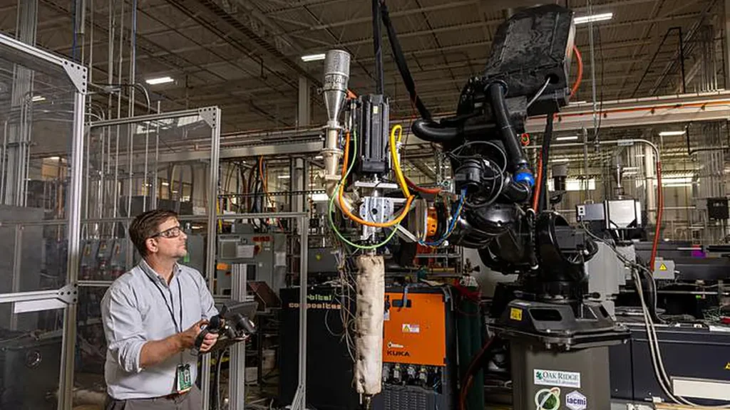 Josh Vaughan, chercheur à l'ORNL, travaille sur le système de fabrication additive par moulage par compression (AMCM) au sein du centre de démonstration de fabrication (Manufacturing Demonstration Facility), où les chercheurs mettent au point des procédés automatisés permettant de produire rapidement des composants composites légers et très résistants. 