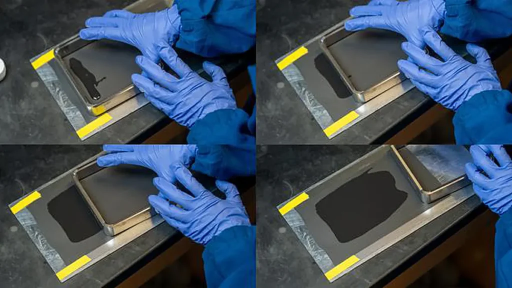 Le mélange liant-électrode est étalé pour former une couche d'électrode, qui est ensuite séchée dans un four.